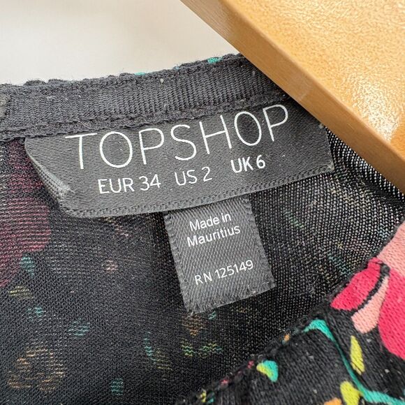 Topshop Floral Bell Sleeve Stretch Knit Boho Top Sz 2, Tie Back Hippie Whimsical - Picture 9 of 10